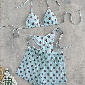 Polka Dot Triangle Bikini Set with Sheer Shorts - Blue & Brown